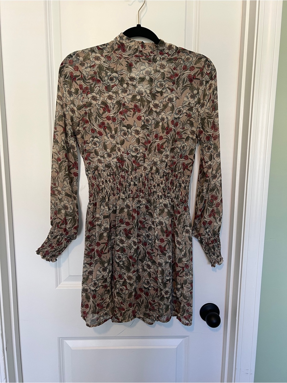 Paper Crane Beige Floral Long-Sleeve Smocked-Waist Dress
